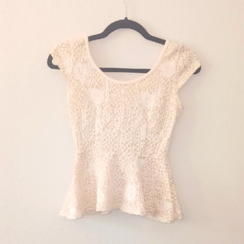Cream Peplum Blouse with Lace Cap Sleeves